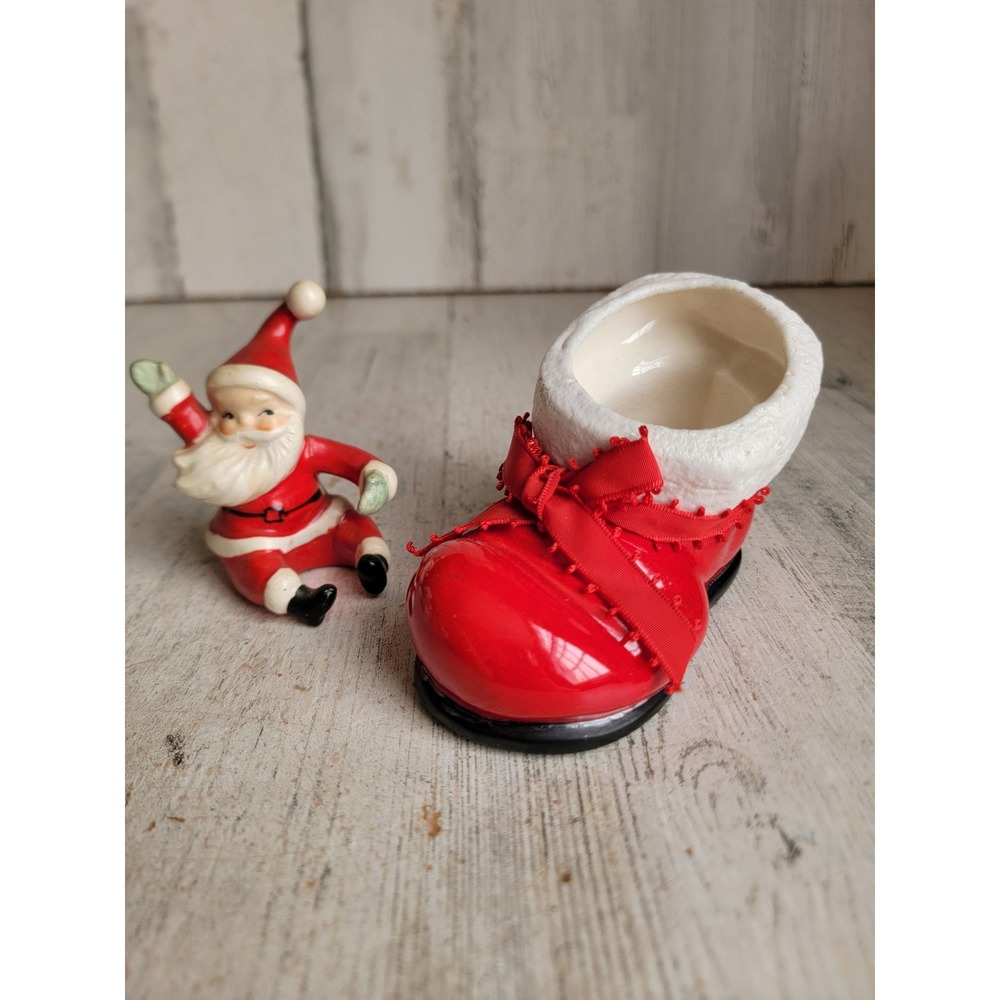 Vintage Santa Claus boot candlestick hugger porcelain Xmas set home decor